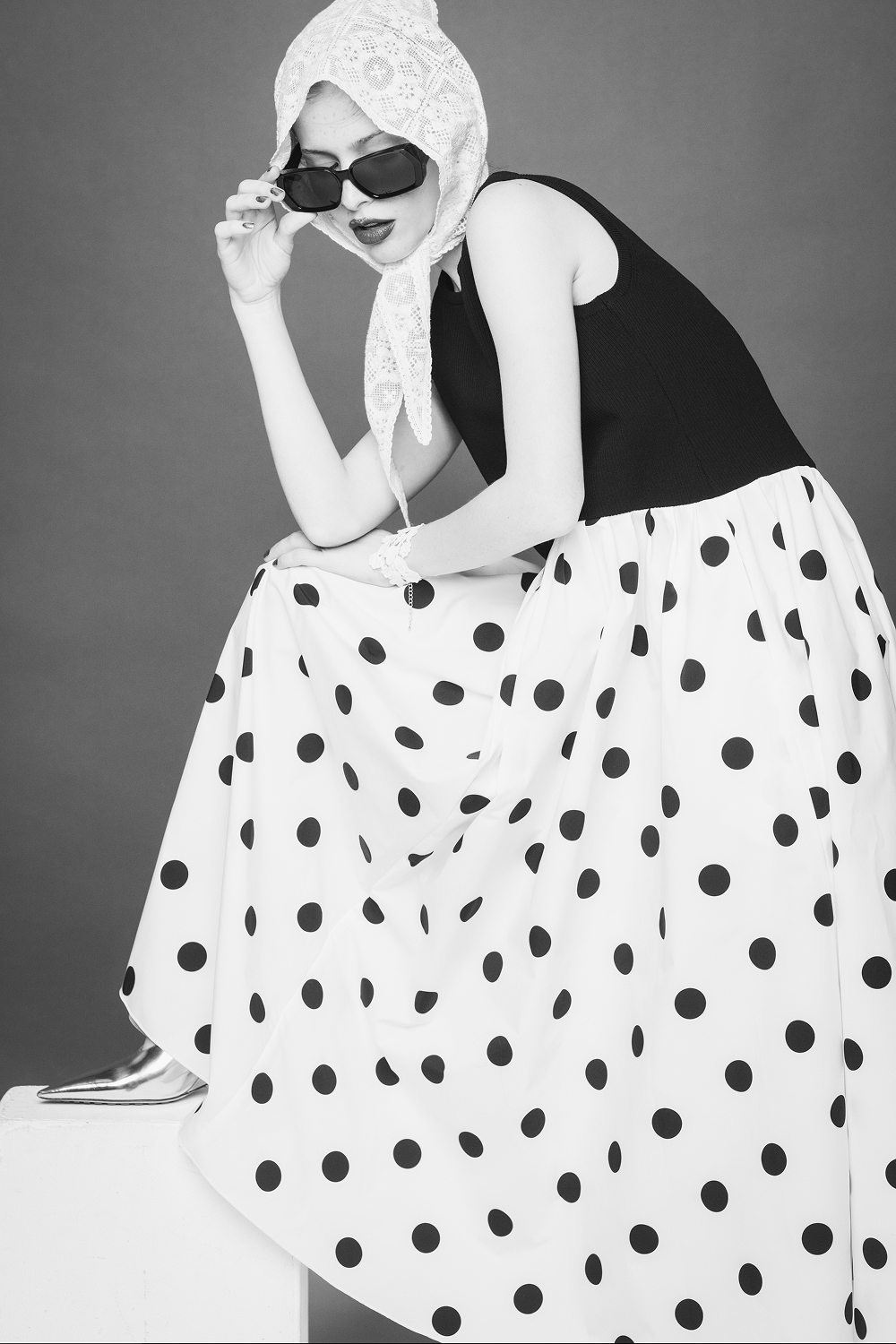 Dot Panel Maxi Dress（black)